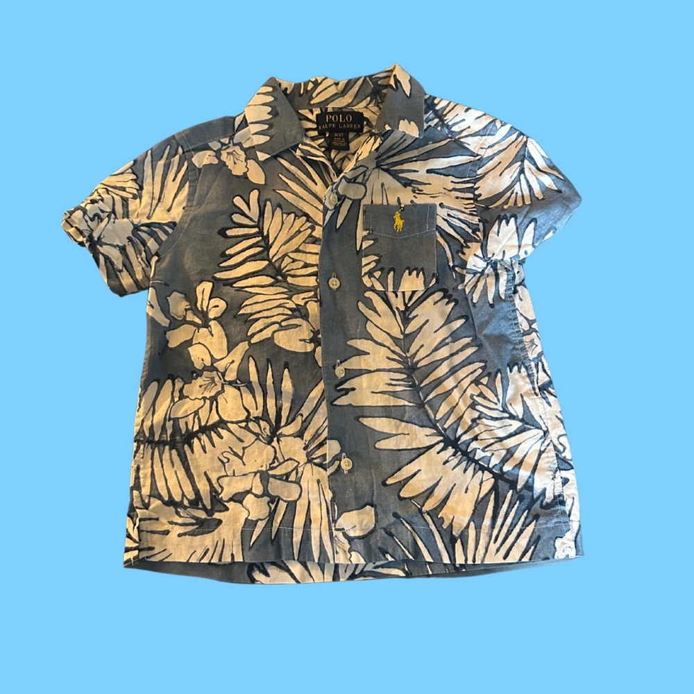 Polo by Ralph Lauren Kids Blue Palm Frond Print Cotton/Linen Shirt